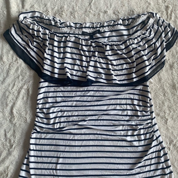 Navy Striped Off-Shoulder Women's Top - Picture 1 of 3